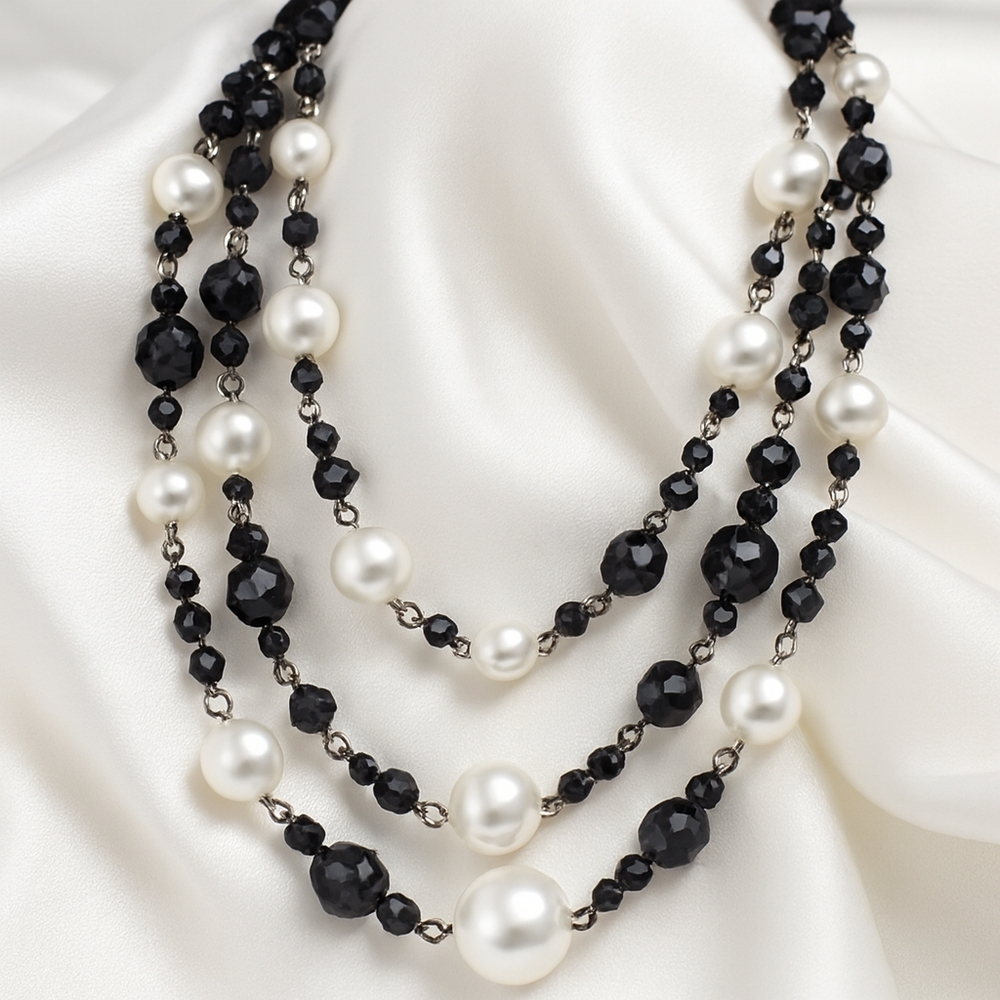 Multi Strand Black and Off-White color Beaded Necklace - Women Fashion Jewelry